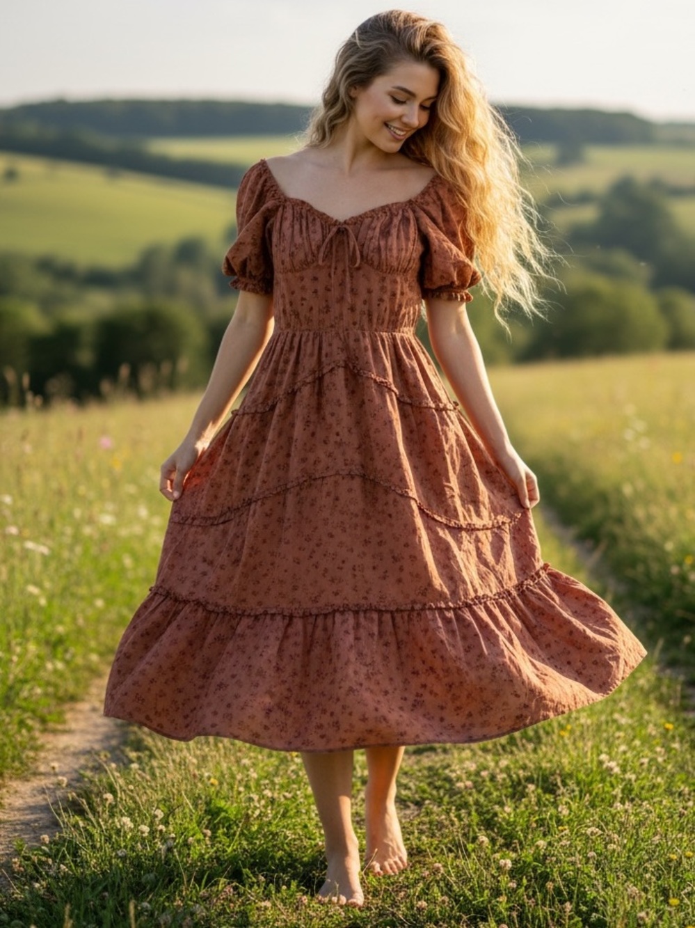 NEW STORIA Rusty Pink Color Floral Puff-Sleeve Midi Dress Sz MEDIUM